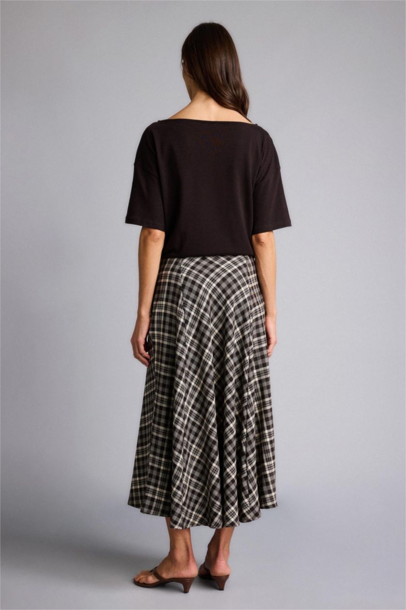 Kadın Koyu Kahve A Kesim Kareli Normal Bel Midi Etek