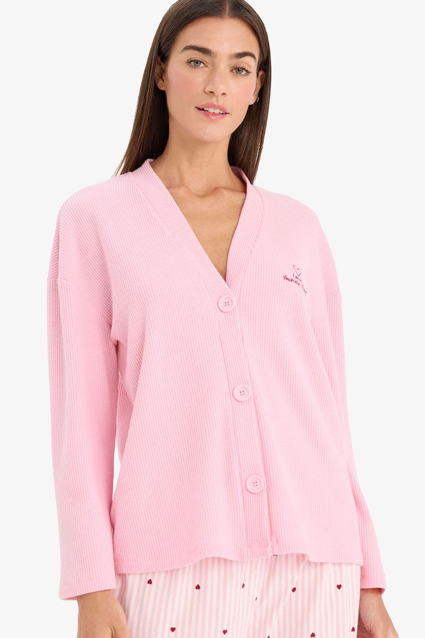 Kadın Pembe Regular Fıt V Yaka Uzun Kollu Waffle Üst