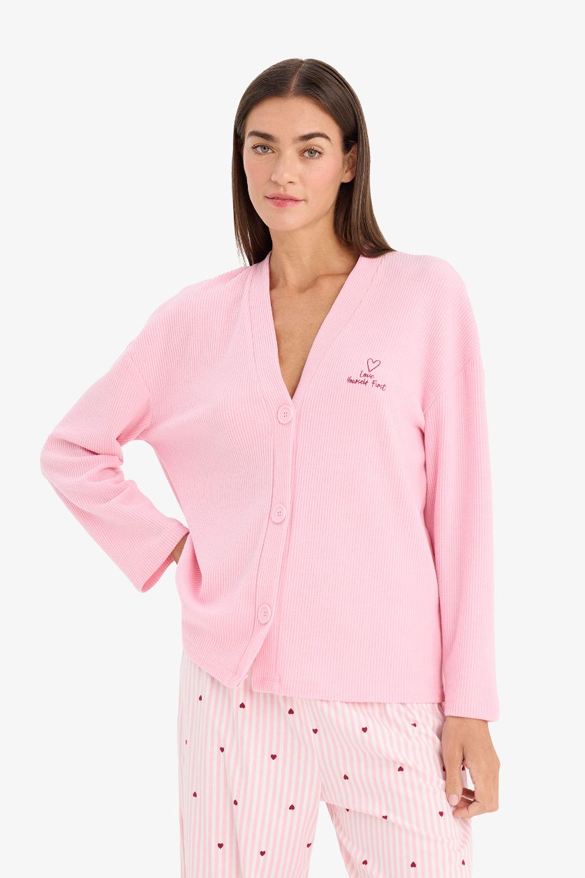 Kadın Pembe Regular Fıt V Yaka Uzun Kollu Waffle Üst