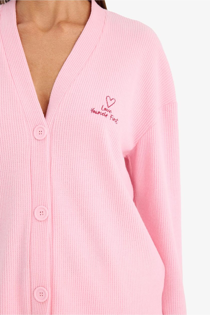 Kadın Pembe Regular Fıt V Yaka Uzun Kollu Waffle Üst