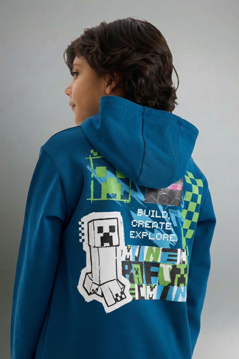 Erkek Çocuk - Genç Erkek İndigo Minecraft Kapüşonlu Sweatshirt Erkek Çocuk