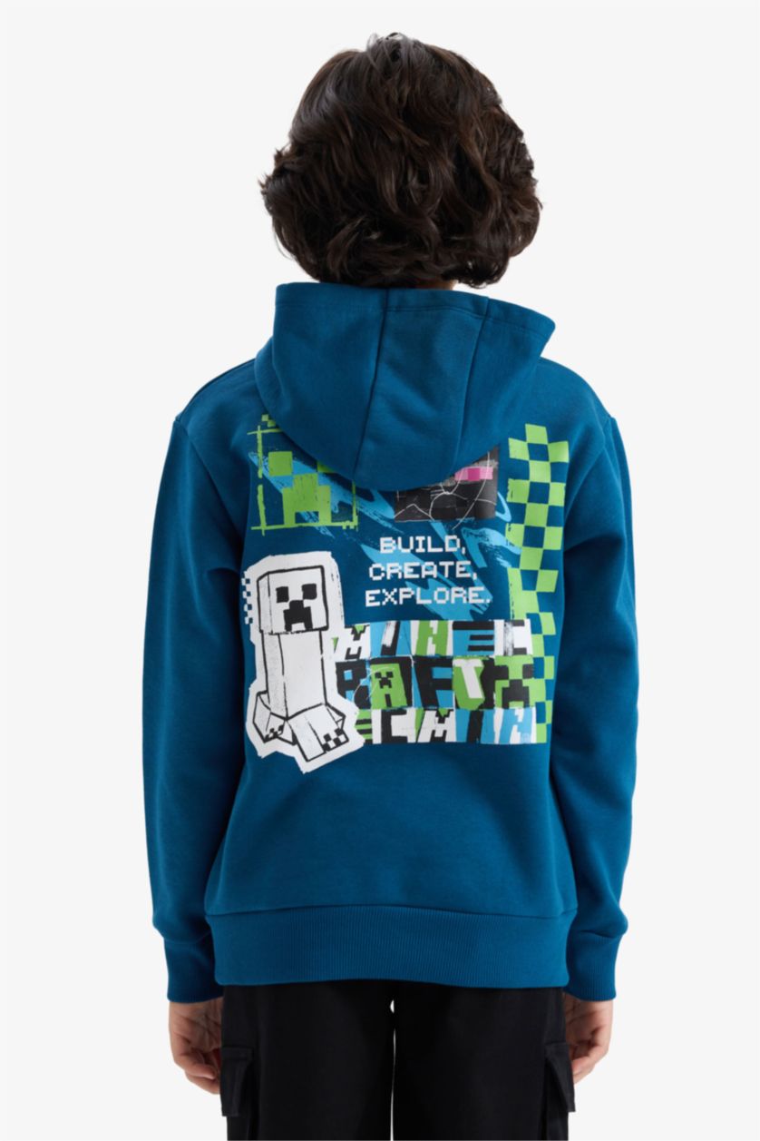 Erkek Çocuk - Genç Erkek İndigo Minecraft Kapüşonlu Sweatshirt Erkek Çocuk