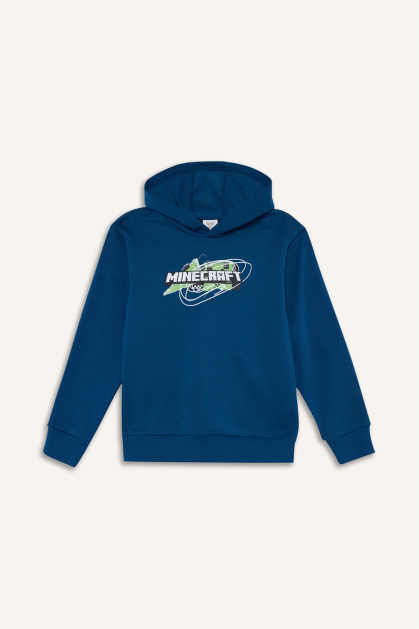 Erkek Çocuk - Genç Erkek İndigo Minecraft Kapüşonlu Sweatshirt Erkek Çocuk