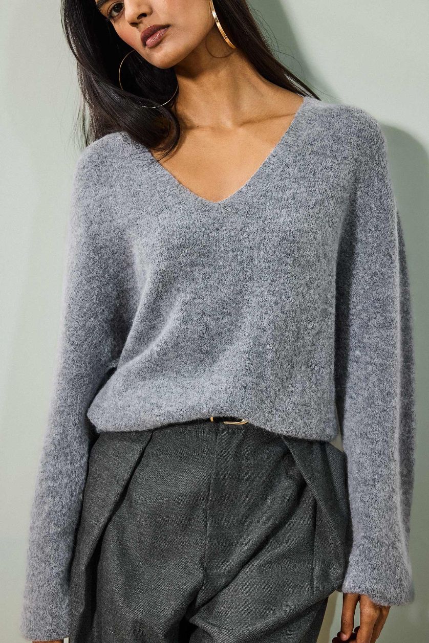 نساء ميلانج رمادي بلوز تريكو قصة عادية بياخة V