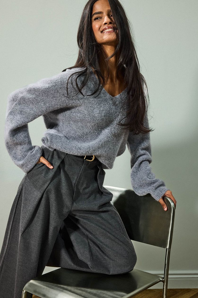 نساء ميلانج رمادي بلوز تريكو قصة عادية بياخة V