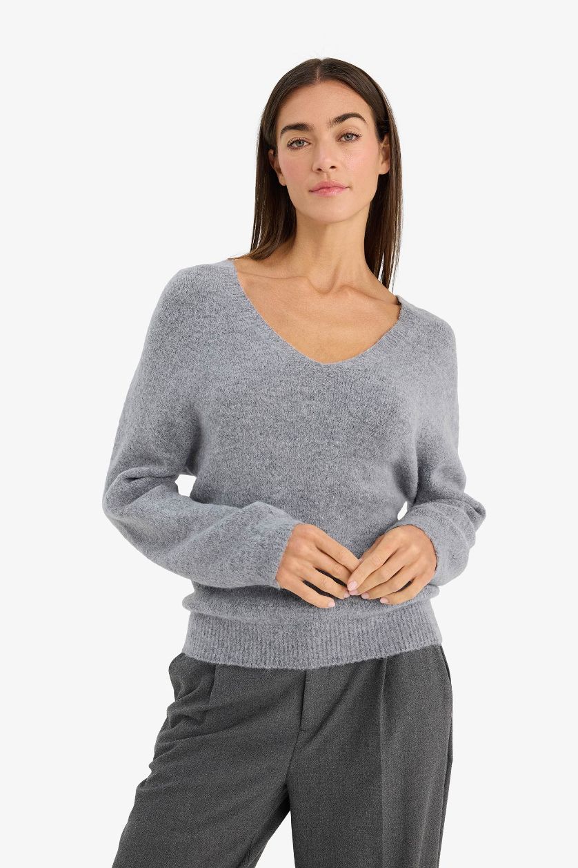 نساء ميلانج رمادي بلوز تريكو قصة عادية بياخة V