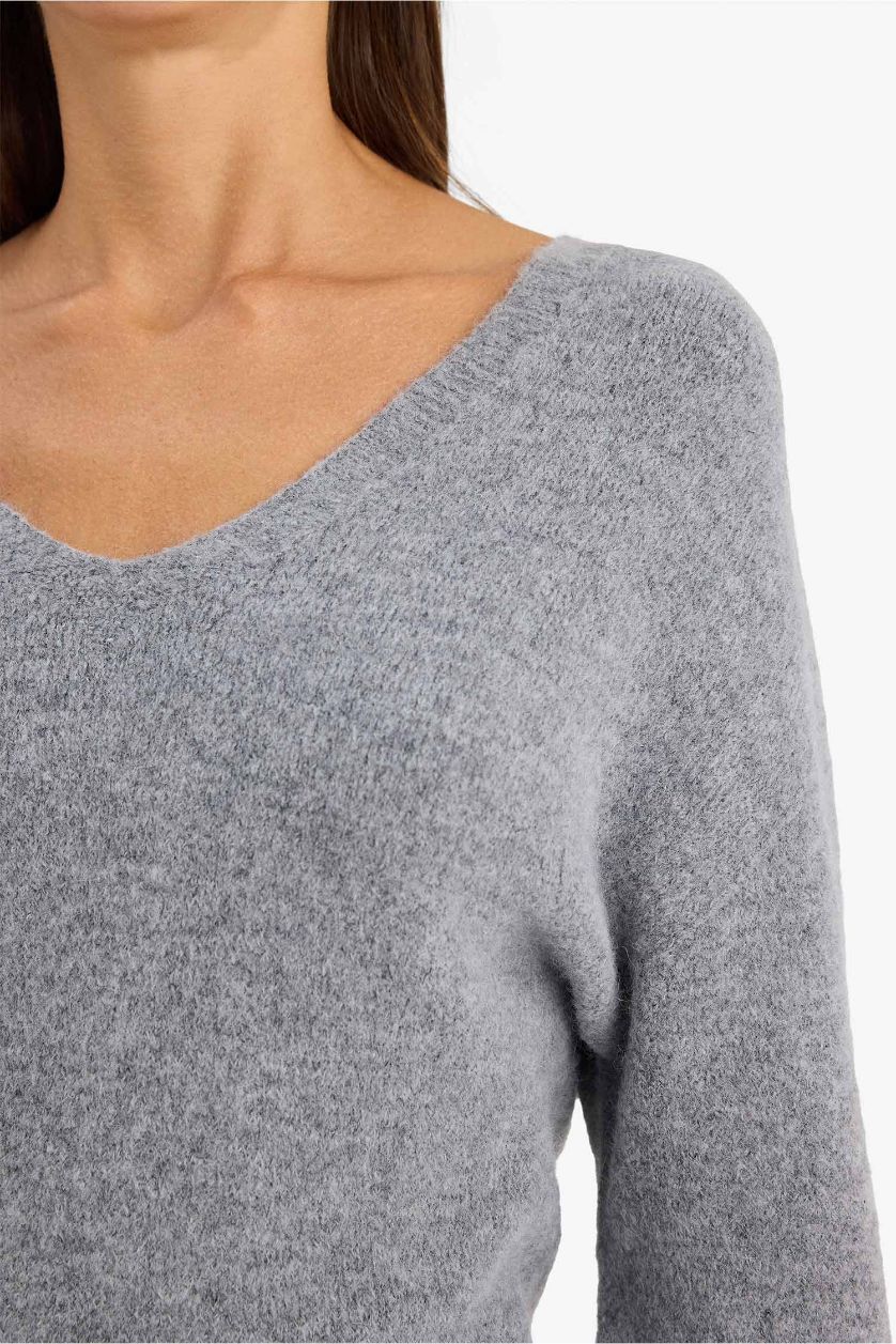 نساء ميلانج رمادي بلوز تريكو قصة عادية بياخة V