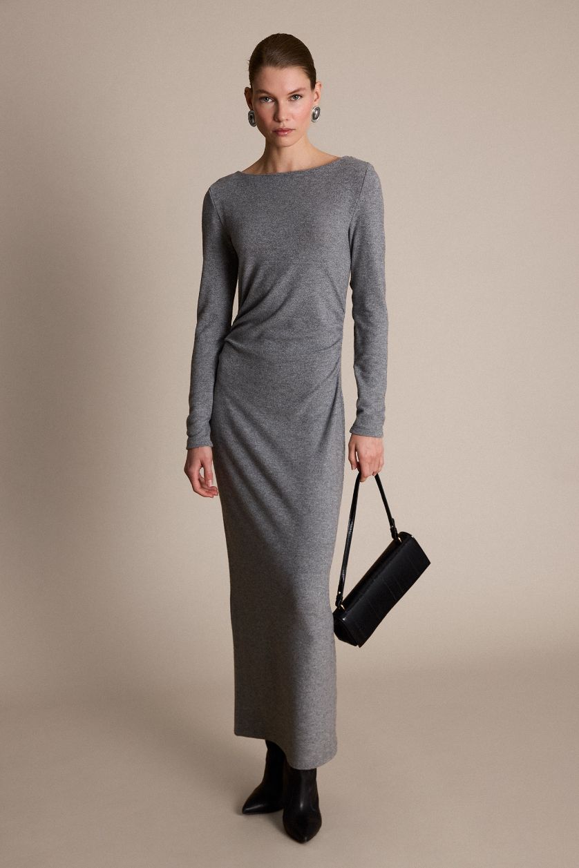 FEMME Gris Robe mi-longue ajustée en jersey à manches longues et col rond