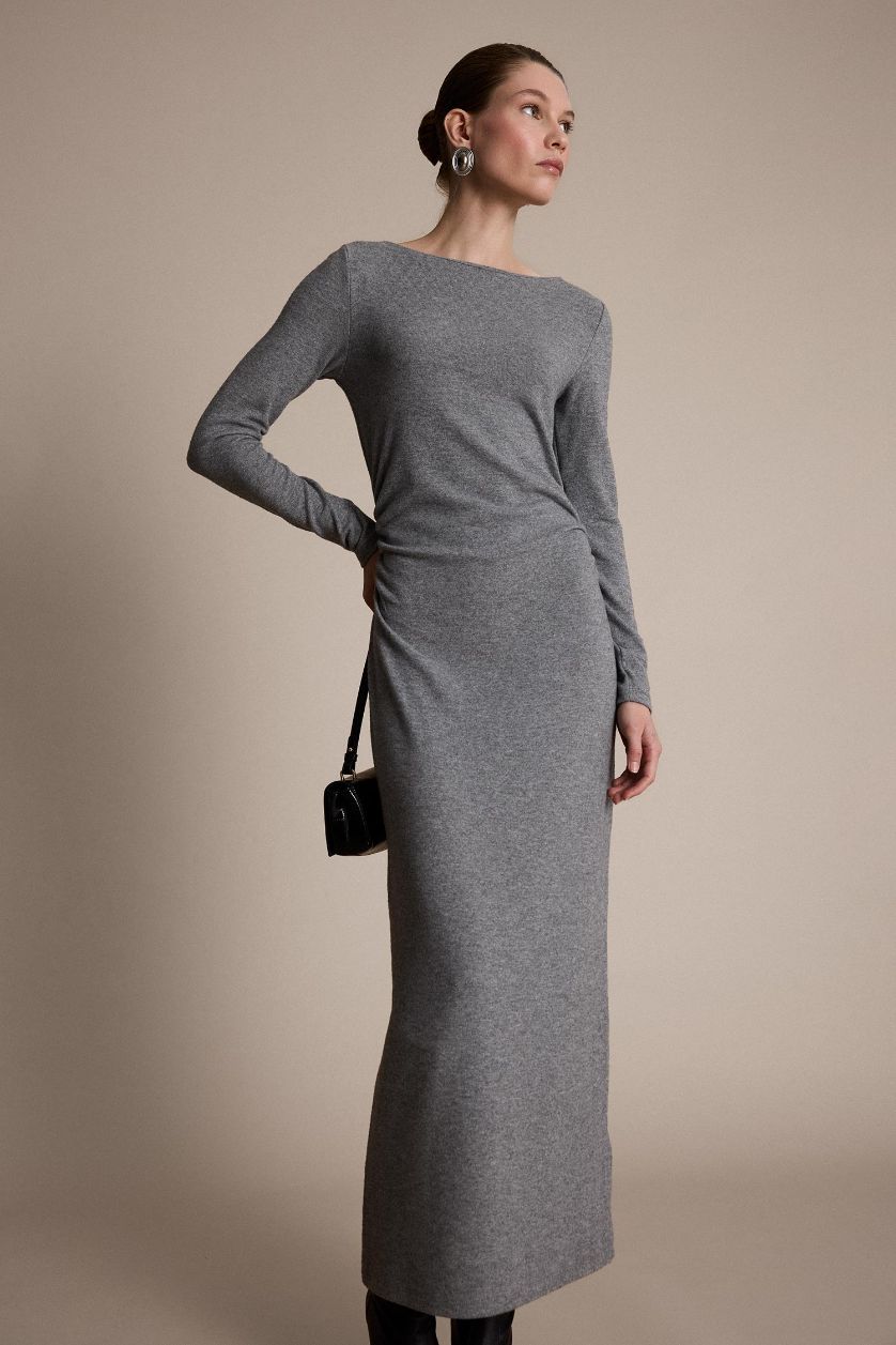 FEMME Gris Robe mi-longue ajustée en jersey à manches longues et col rond