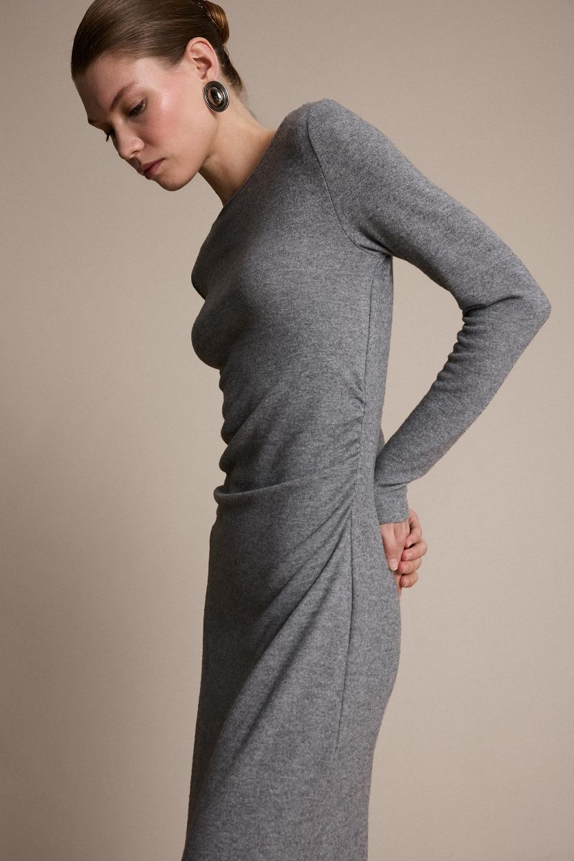 FEMME Gris Robe mi-longue ajustée en jersey à manches longues et col rond