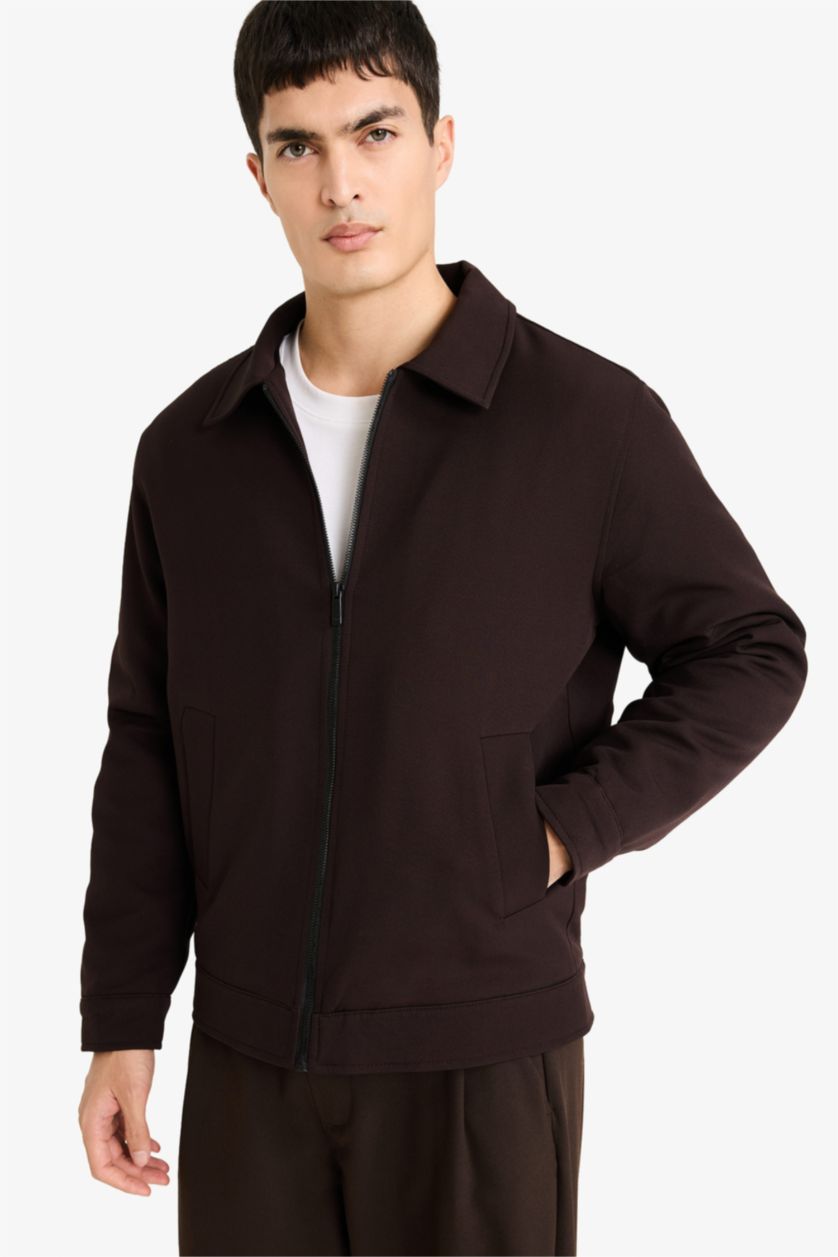 MAN Brown Regular Fit Shirt Collar Lined Zippered Jacket