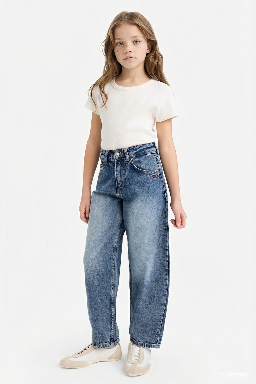 بنات أزرق غامق Girl Barrel Fit Wide Leg Jeans