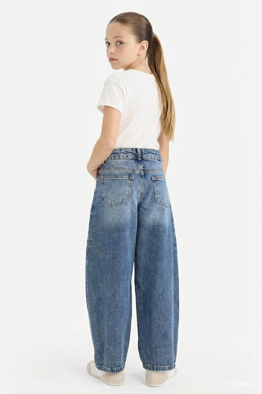 بنات أزرق غامق Girl Barrel Fit Wide Leg Jeans