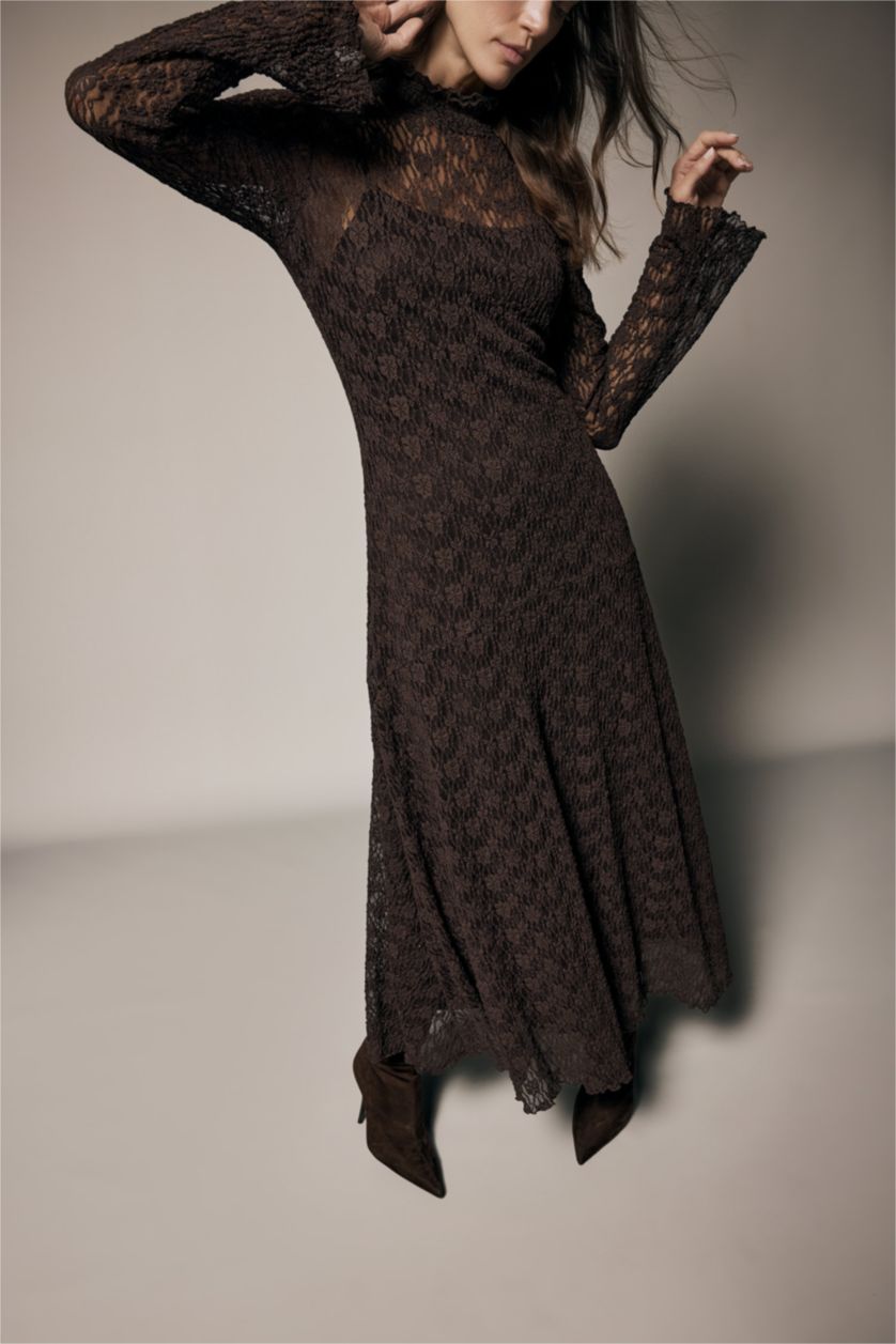 Kadın Kahve A Kesim Dik Yaka Dantel Midi Elbise