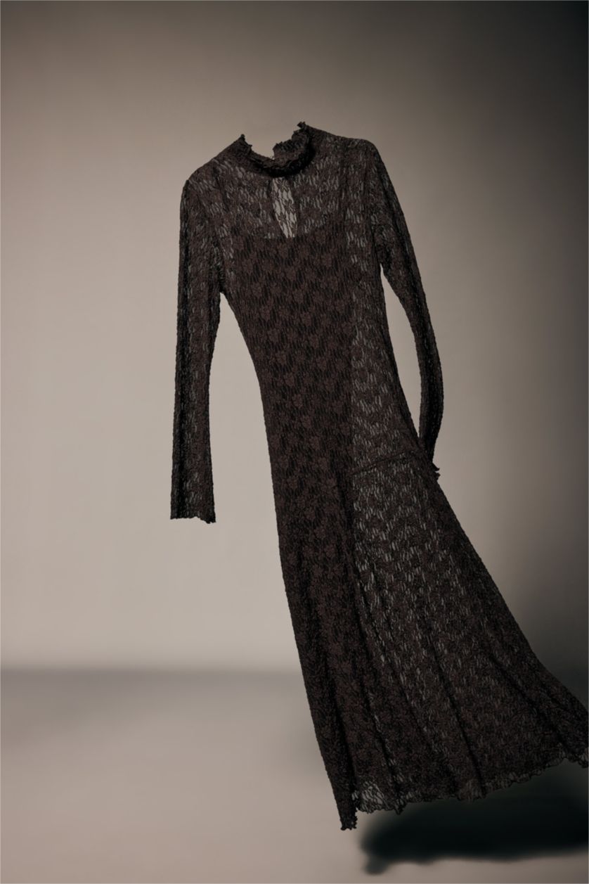 Kadın Kahve A Kesim Dik Yaka Dantel Midi Elbise