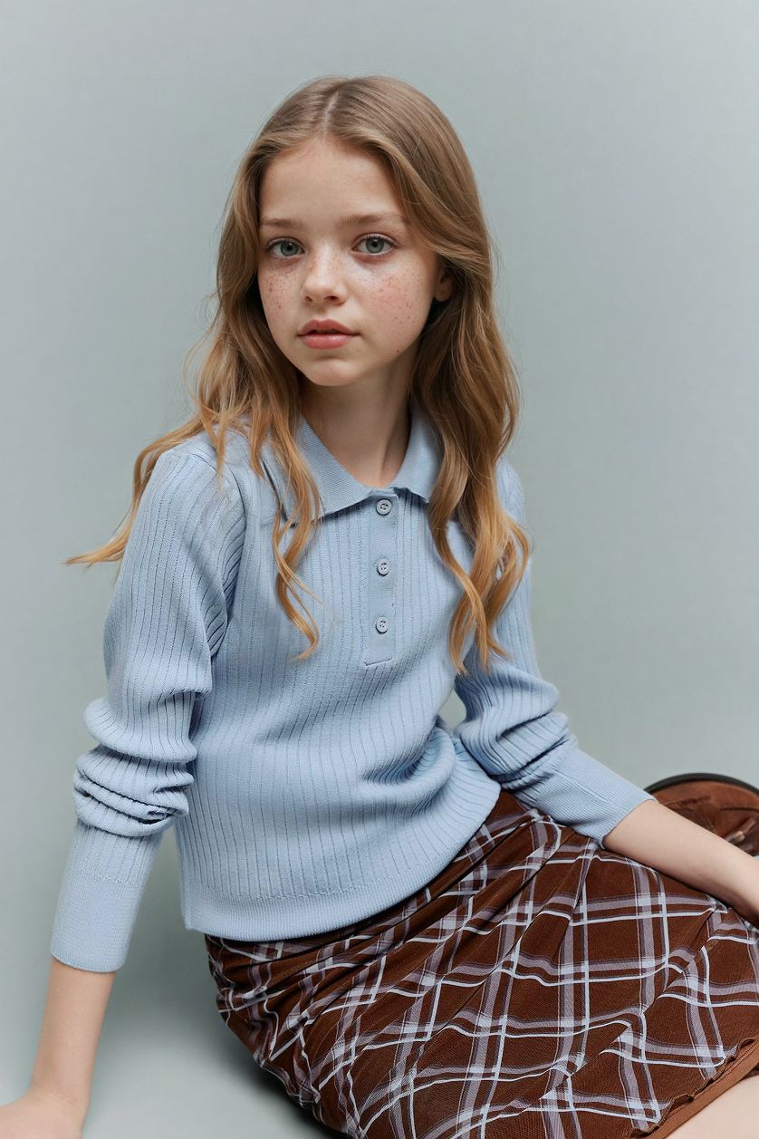 GIRLS & TEENS Light Blue Girl Regular Fit Polo Collar Pullover