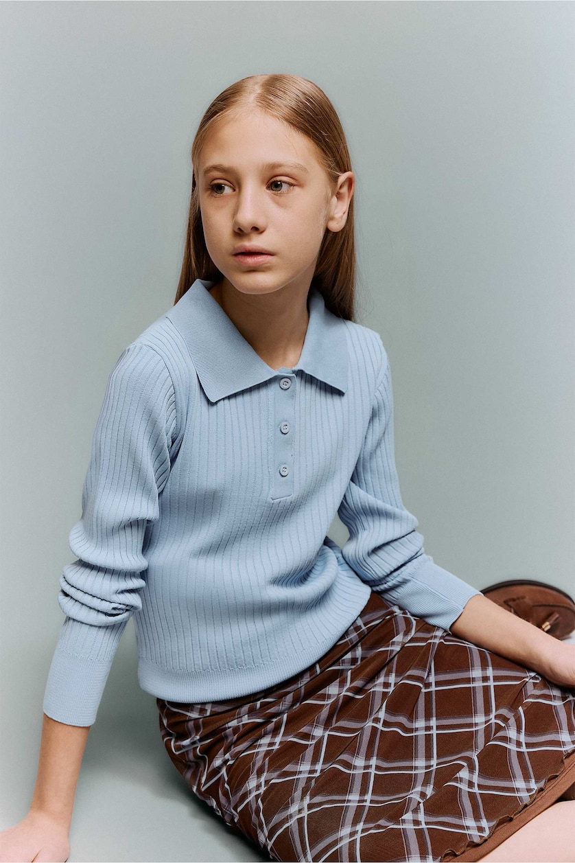 GIRLS & TEENS Light Blue Girl Regular Fit Polo Collar Pullover