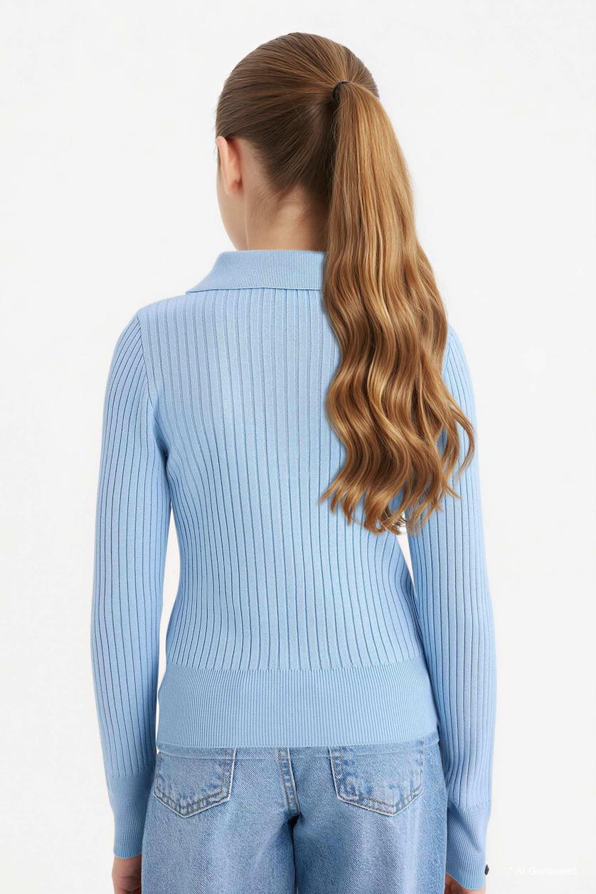 GIRLS & TEENS Light Blue Girl Regular Fit Polo Collar Pullover