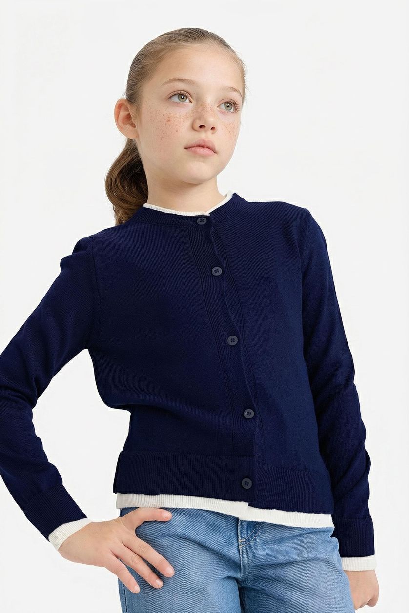 بناتي كحلي كارديجان بناتي تريكو قصة عادية بياقة مستديرة