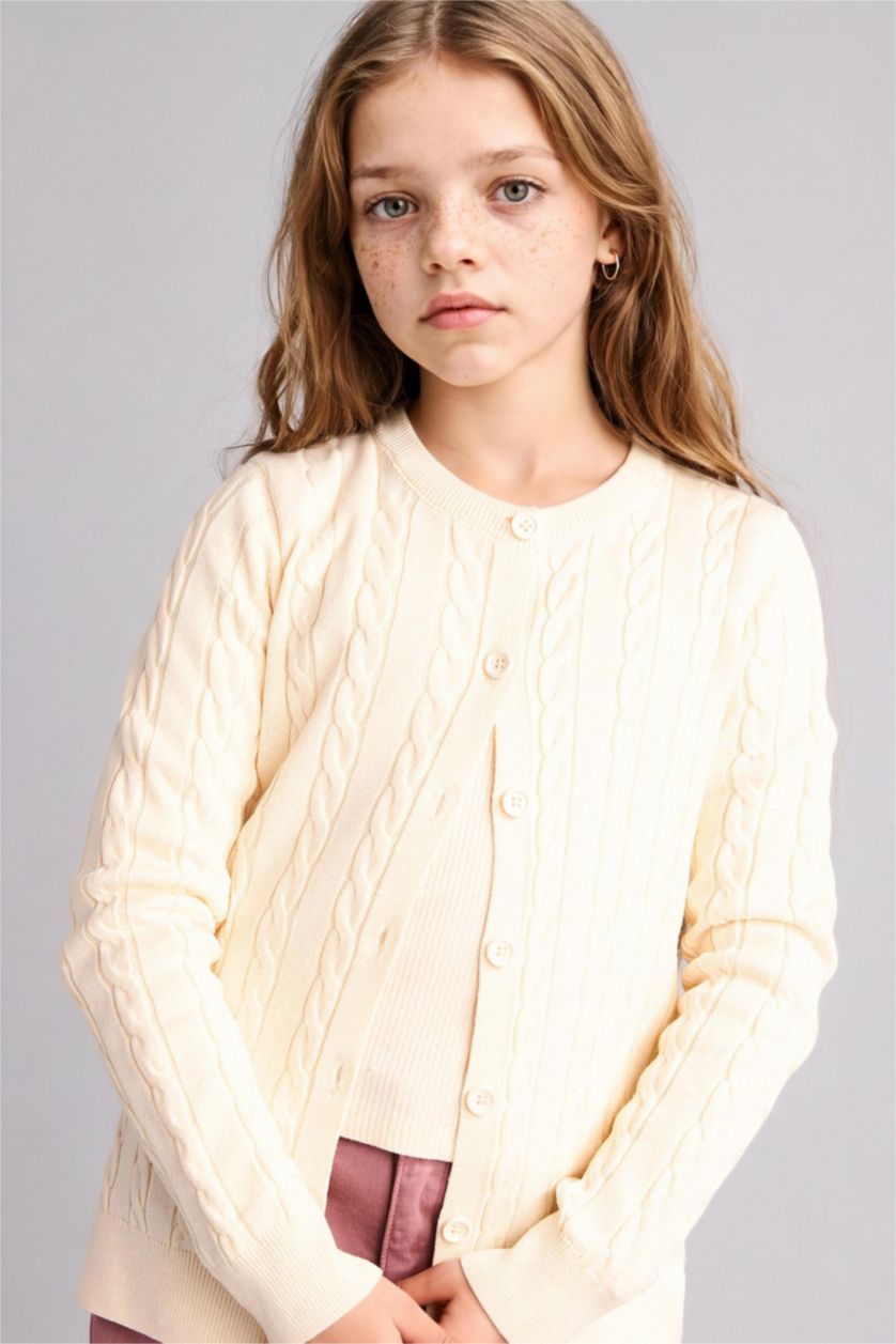 Girls & Teens Ecru Regular Fit Crew Neck Cardigan