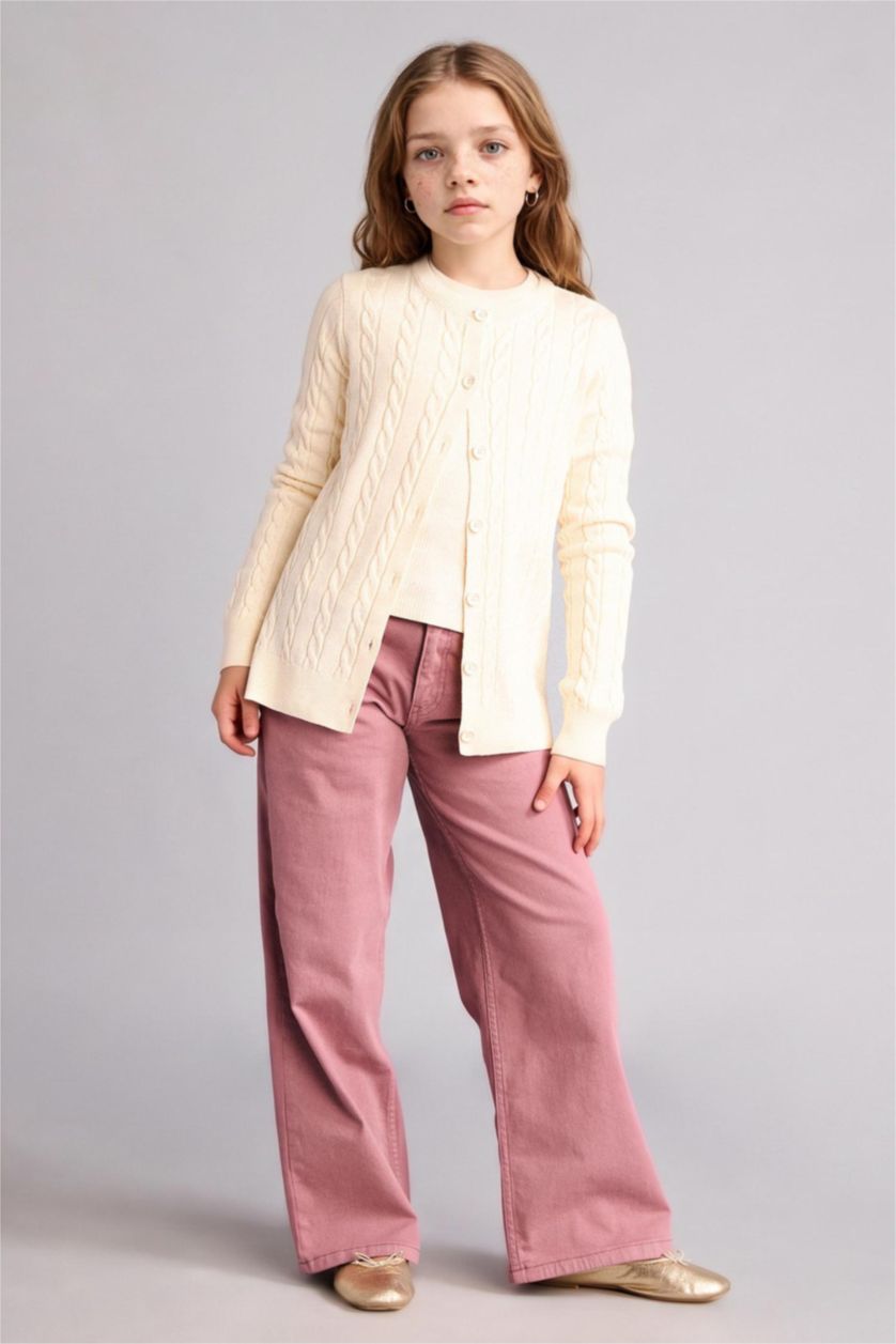 Girls & Teens Ecru Regular Fit Crew Neck Cardigan