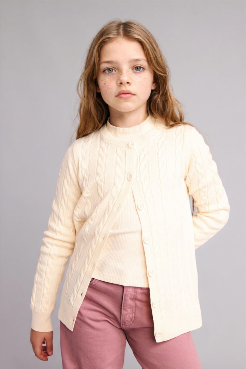Girls & Teens Ecru Regular Fit Crew Neck Cardigan