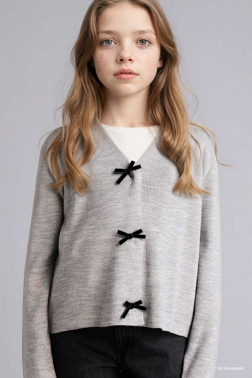 GIRLS & TEENS Light Grey Melange Regular Fit V-Neck Cardigan