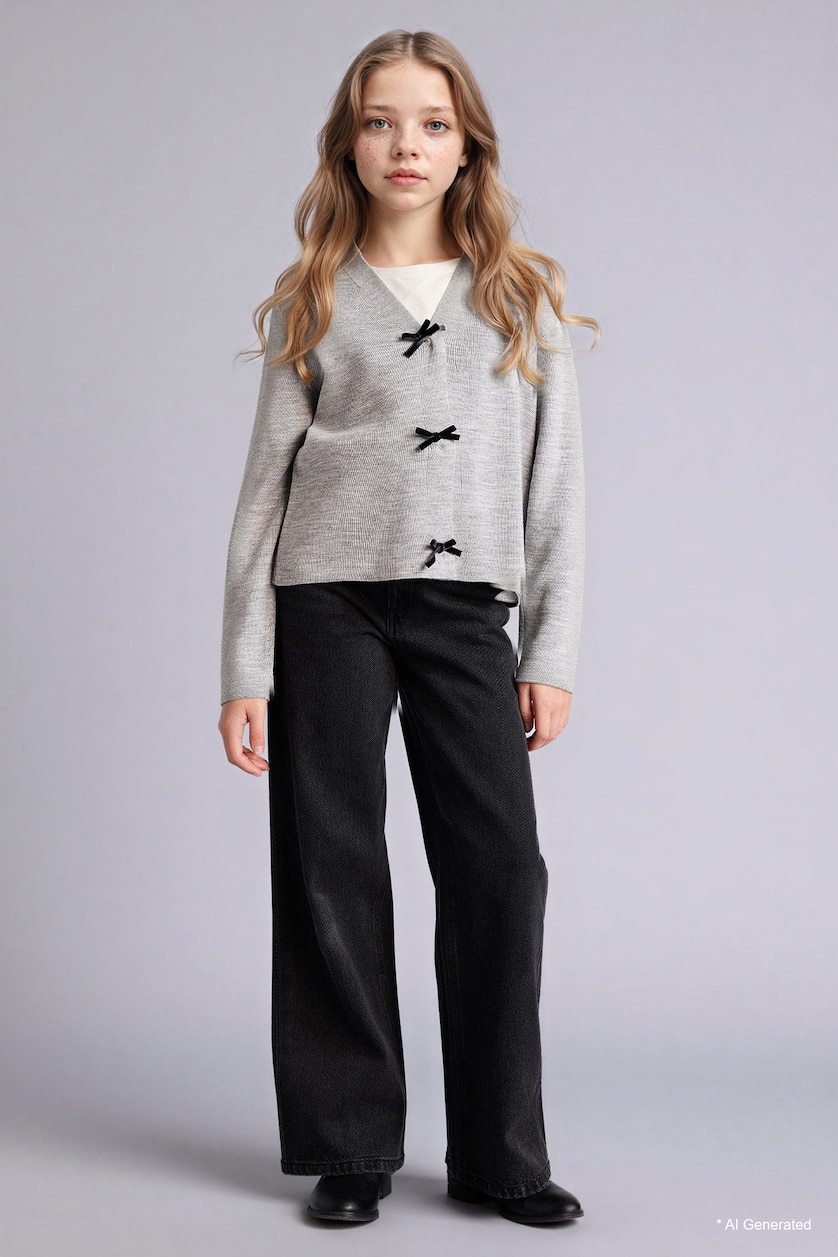 GIRLS & TEENS Light Grey Melange Regular Fit V-Neck Cardigan