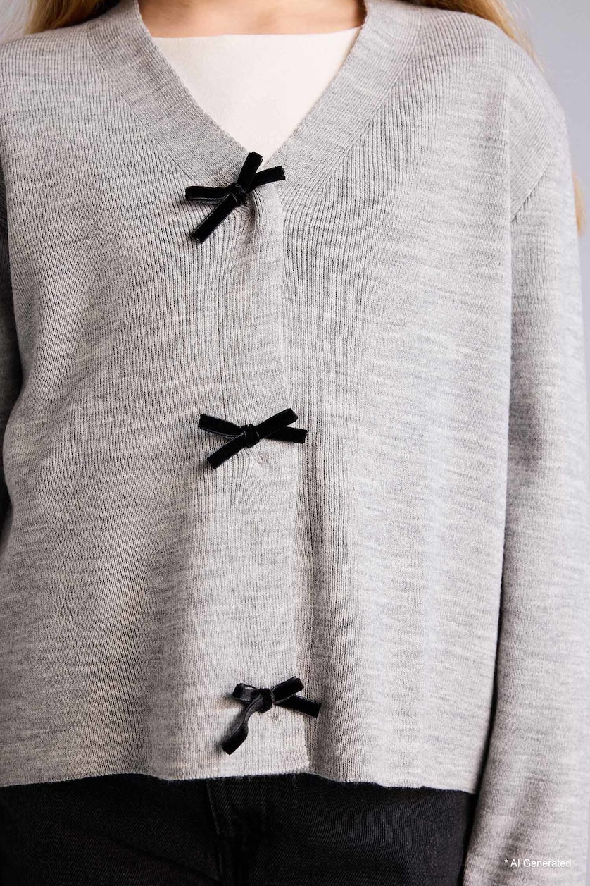 GIRLS & TEENS Light Grey Melange Regular Fit V-Neck Cardigan