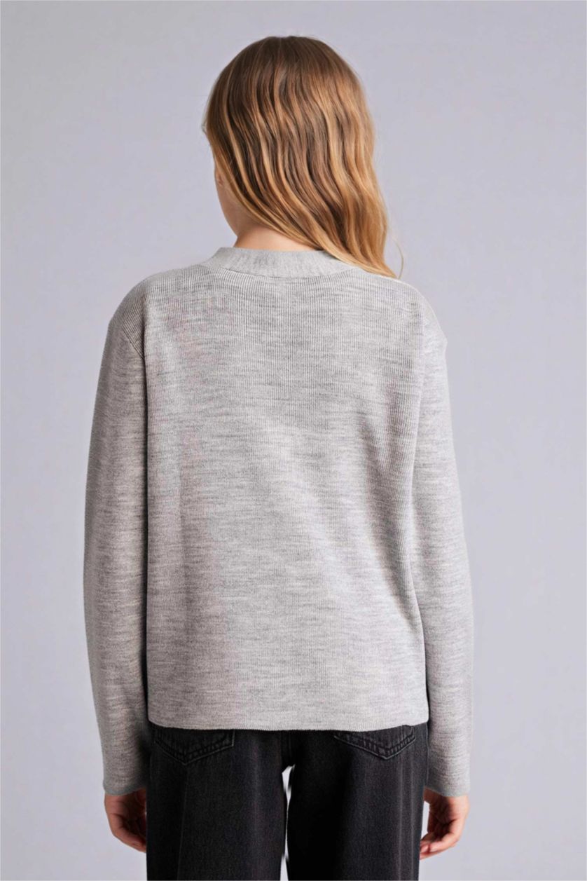 Kız Çocuk - Genç Kız Açık Gri Melange V Yaka Fiyonk Düğmeli Hırka Kız Çocuk