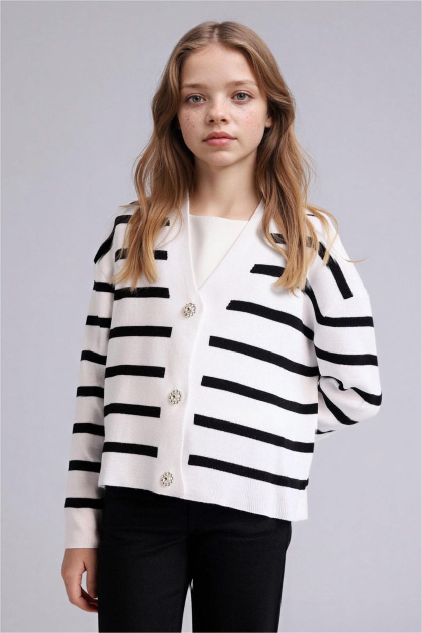 Kız Çocuk - Genç Kız Beyaz V Yaka Çizgili Hırka Kız Çocuk