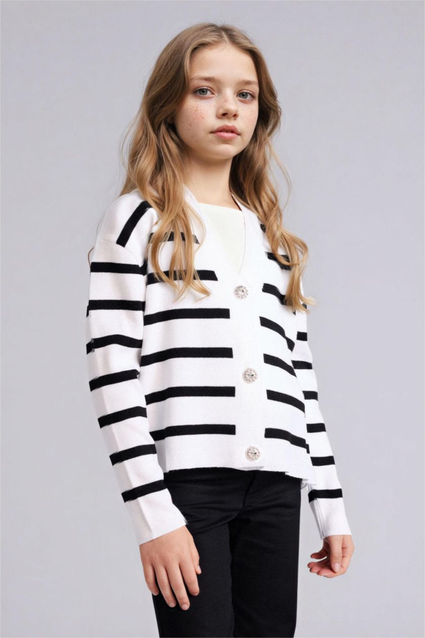 Kız Çocuk - Genç Kız Beyaz V Yaka Çizgili Hırka Kız Çocuk