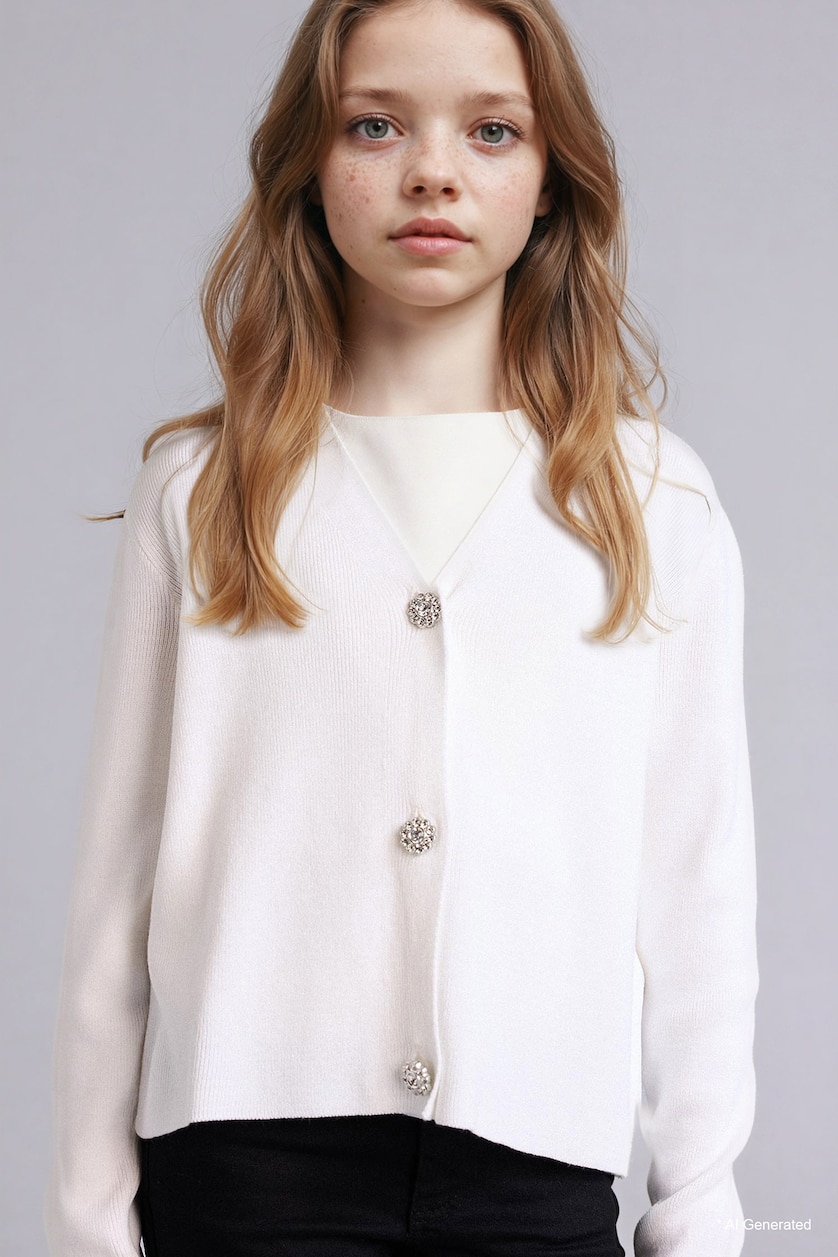 Girls & Teens Ecru Regular Fit V-Neck Cardigan