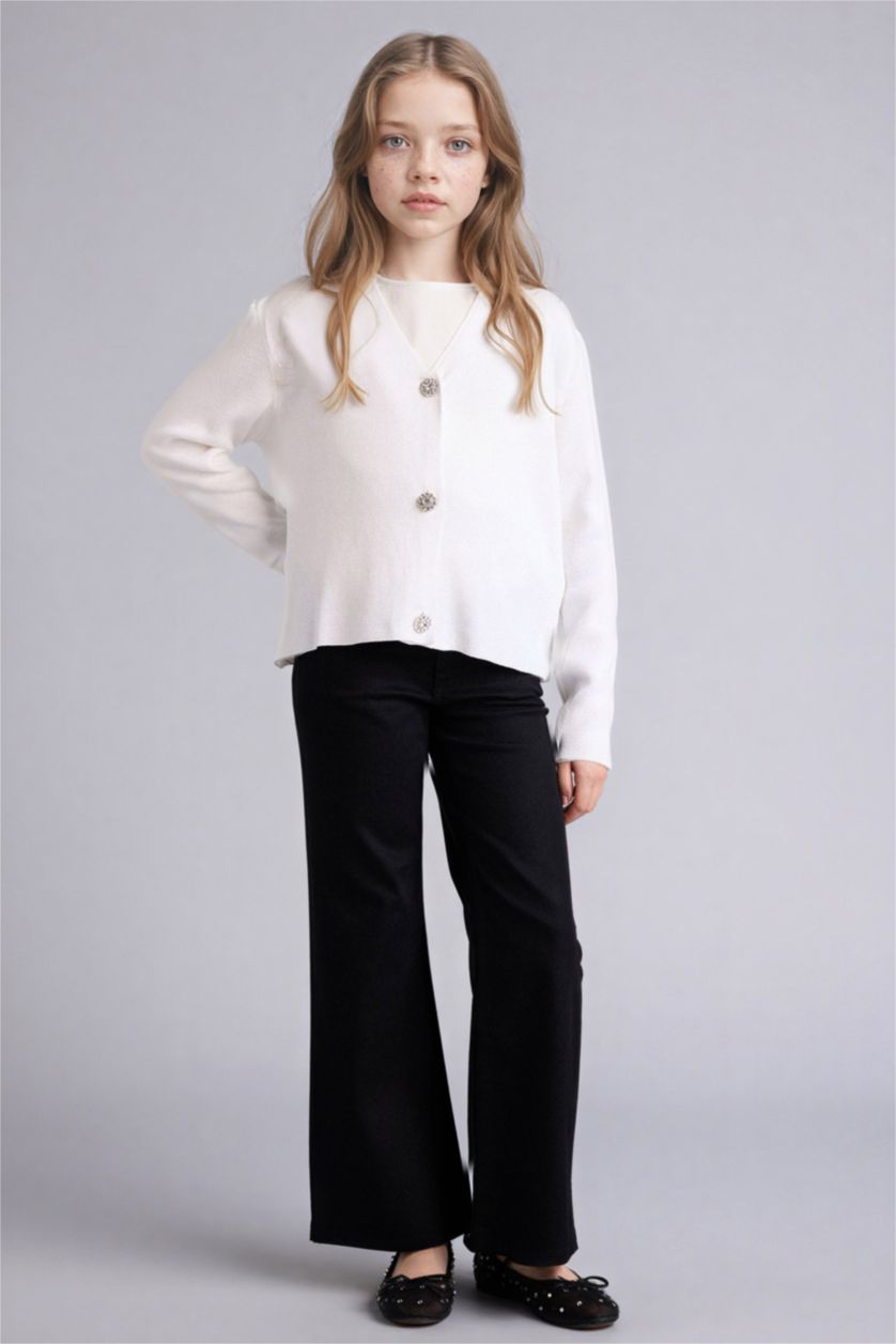 Kız Çocuk - Genç Kız Ekru V Yaka Hırka Kız Çocuk
