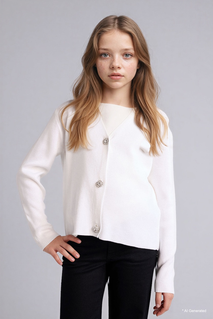 Girls & Teens Ecru Regular Fit V-Neck Cardigan