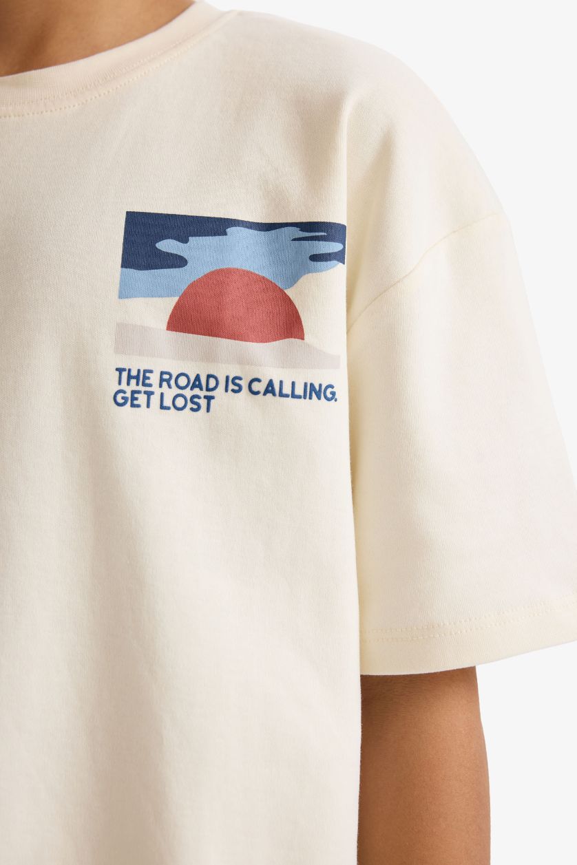 BOYS & TEENS Ecru Boy Oversize Fit Crew Neck Printed T-Shirt