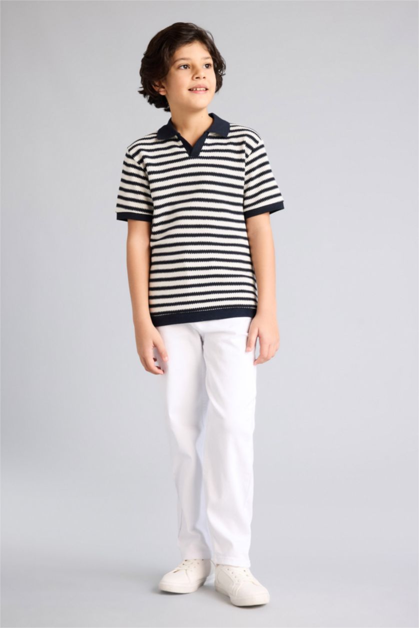 Erkek Çocuk - Genç Erkek Ekru Regular Fıt Apaş Yaka Kısa Kollu Polo Tişört Erkek Çocuk