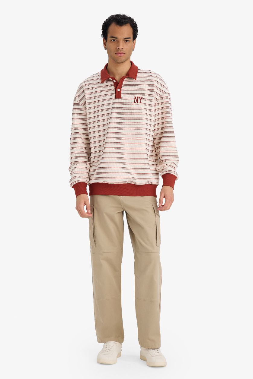 Erkek Ekru Boxy Fıt Polo Yaka Baskılı Çizgili Sweatshirt