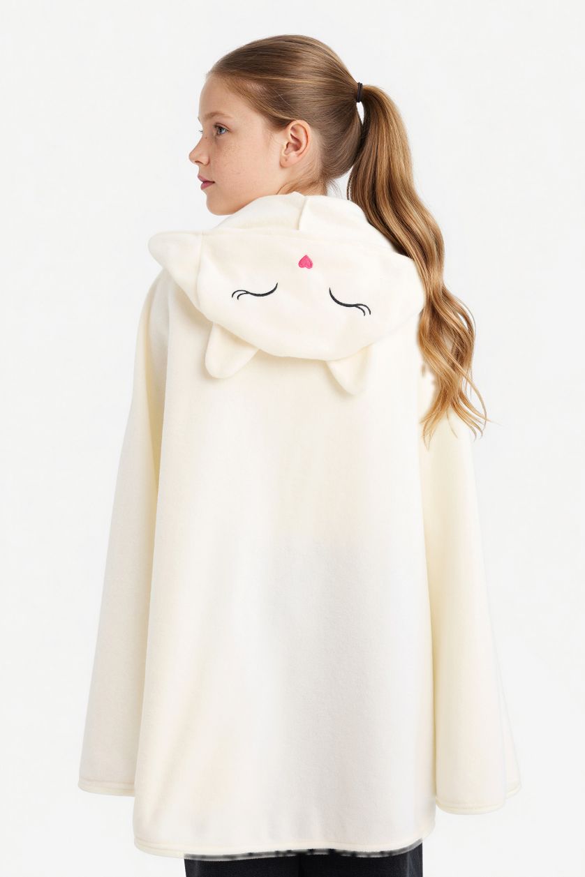 Kız Çocuk - Genç Kız Ekru Kapüşonlu Polar Pelerin Kostüm Kız Çocuk