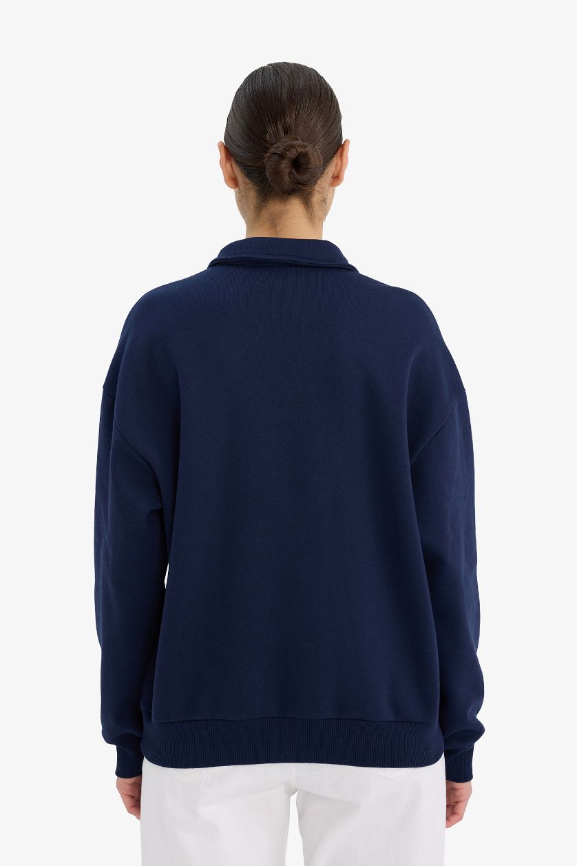 WOMAN NAVY Relax Fit Printed Polo Neck Thick Sweatshirt