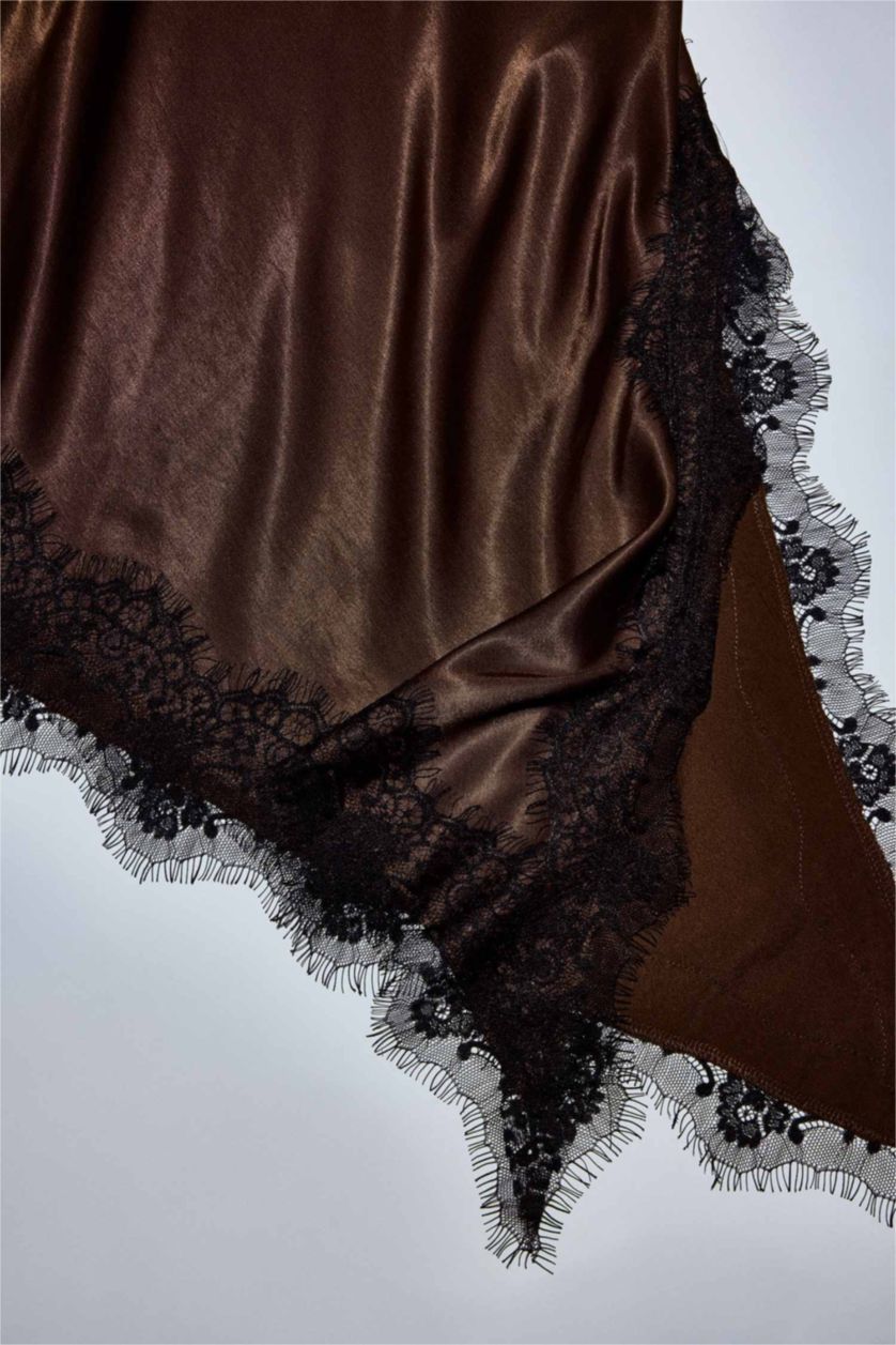 WOMAN Brown V-Neck Satin Sleeveless Midi Dress