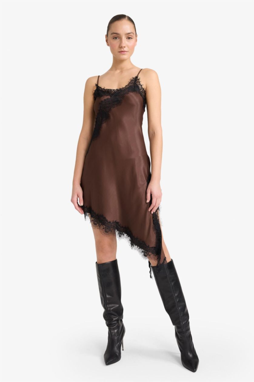 WOMAN Brown V-Neck Satin Sleeveless Midi Dress