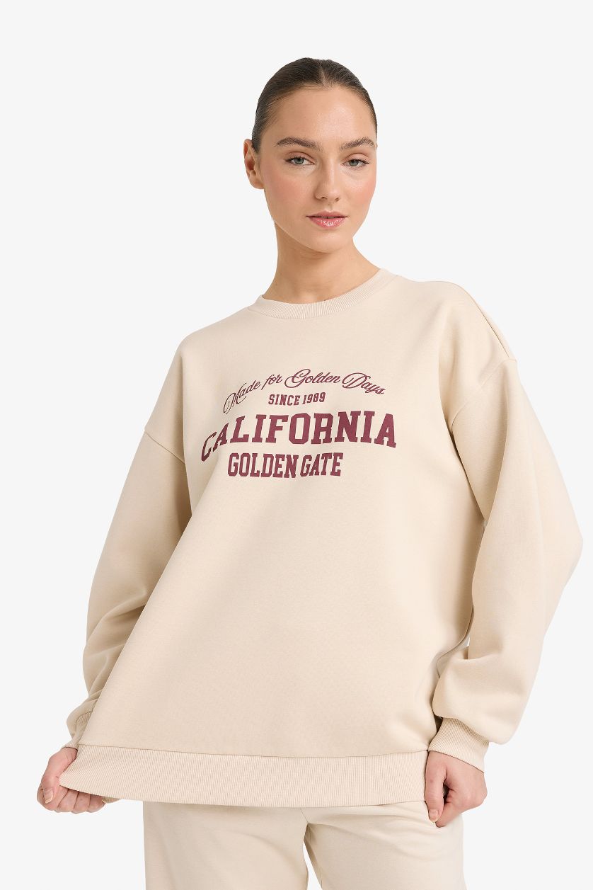 Woman Beige Oversize Fit Printed Long Sleeve Sweatshirt