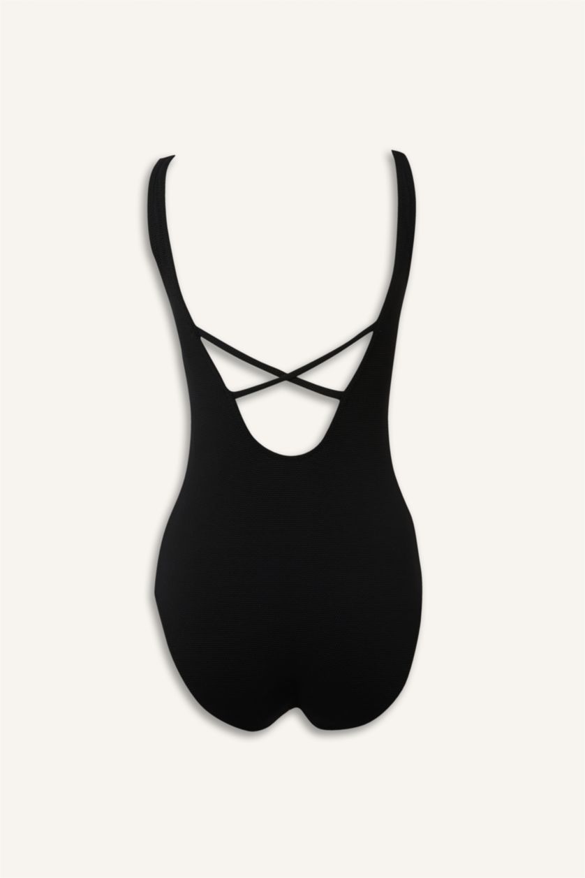 Kadın Siyah Regular Fıt Dokulu Mayo