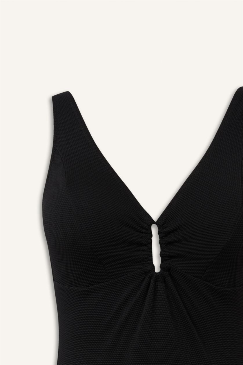 Kadın Siyah Regular Fıt Dokulu Mayo