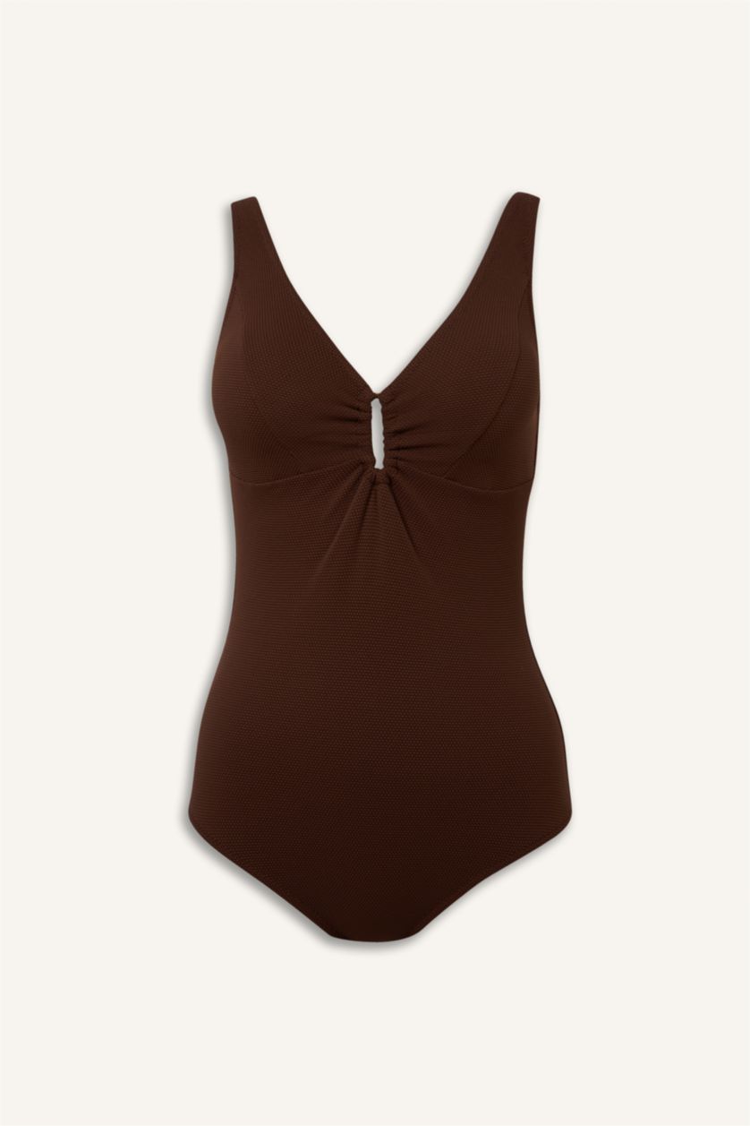 Kadın Kahve Regular Fıt Dokulu Mayo