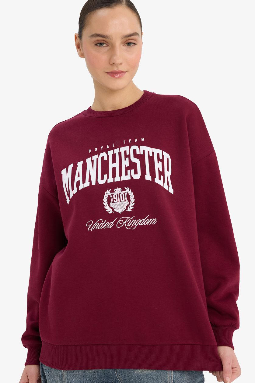 Woman Bordeaux Oversize Printed Long Sleeve Sweatshirt