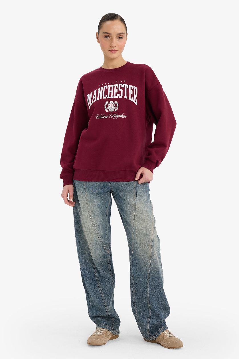 Woman Bordeaux Oversize Printed Long Sleeve Sweatshirt