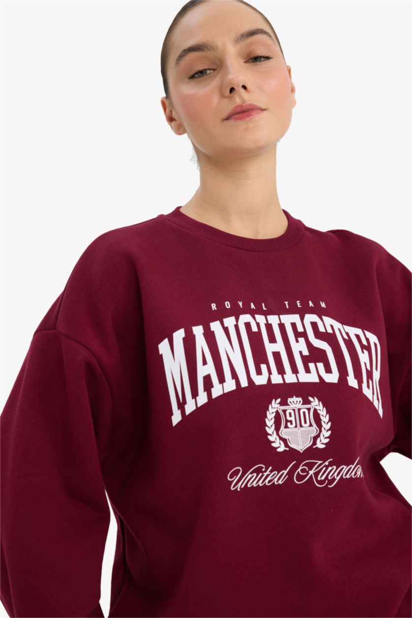Woman Bordeaux Oversize Printed Long Sleeve Sweatshirt