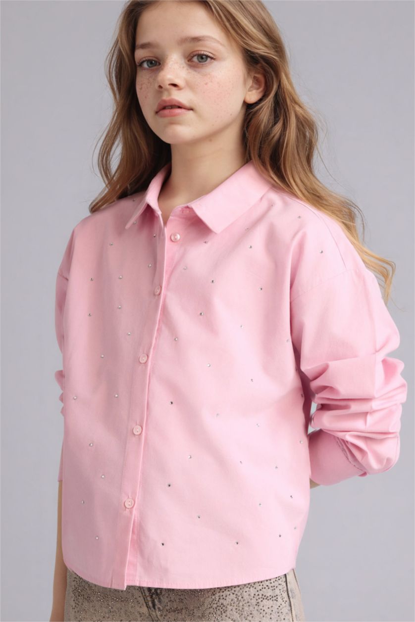 بناتي زهري قميص بناتي كم طويل بوبلين قصة عادية